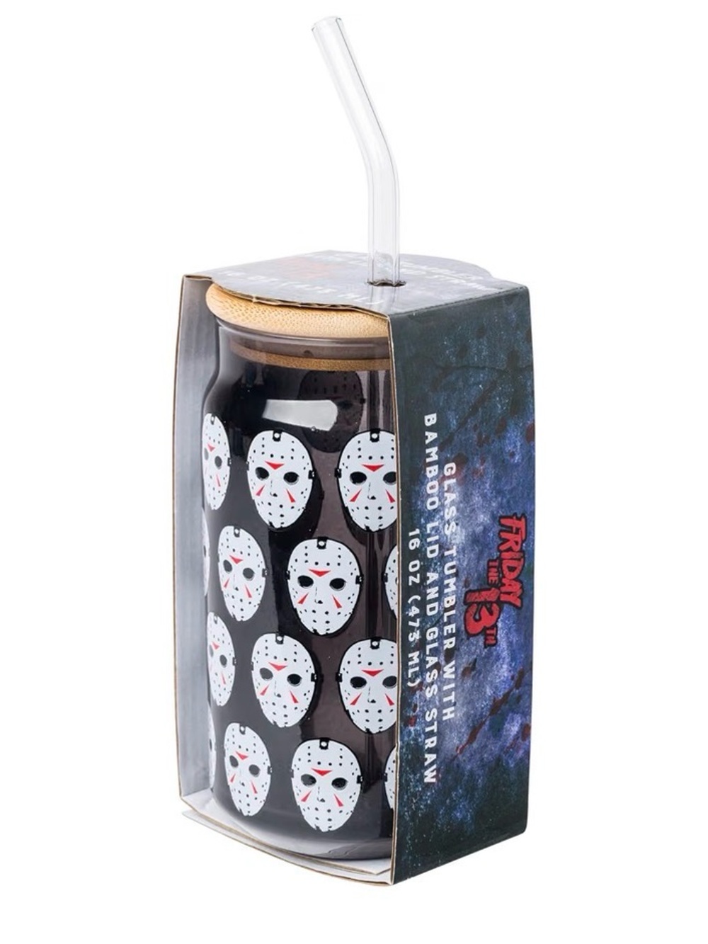 Friday the 13th Glass Jar Tumbler with Bamboo Lid and Glass Straw, 16 Oz